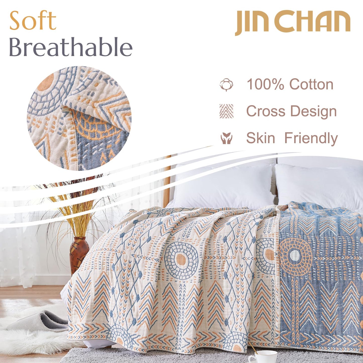 jinchan Boho 100% Cotton Muslin Twin Size 60x80 Throw Blanket Lightweight 4-Layer Orange Reversible Blanket Washable Breathable Geometric Striped Pattern Soft Comfy for Couch Bed Decor All Seasons