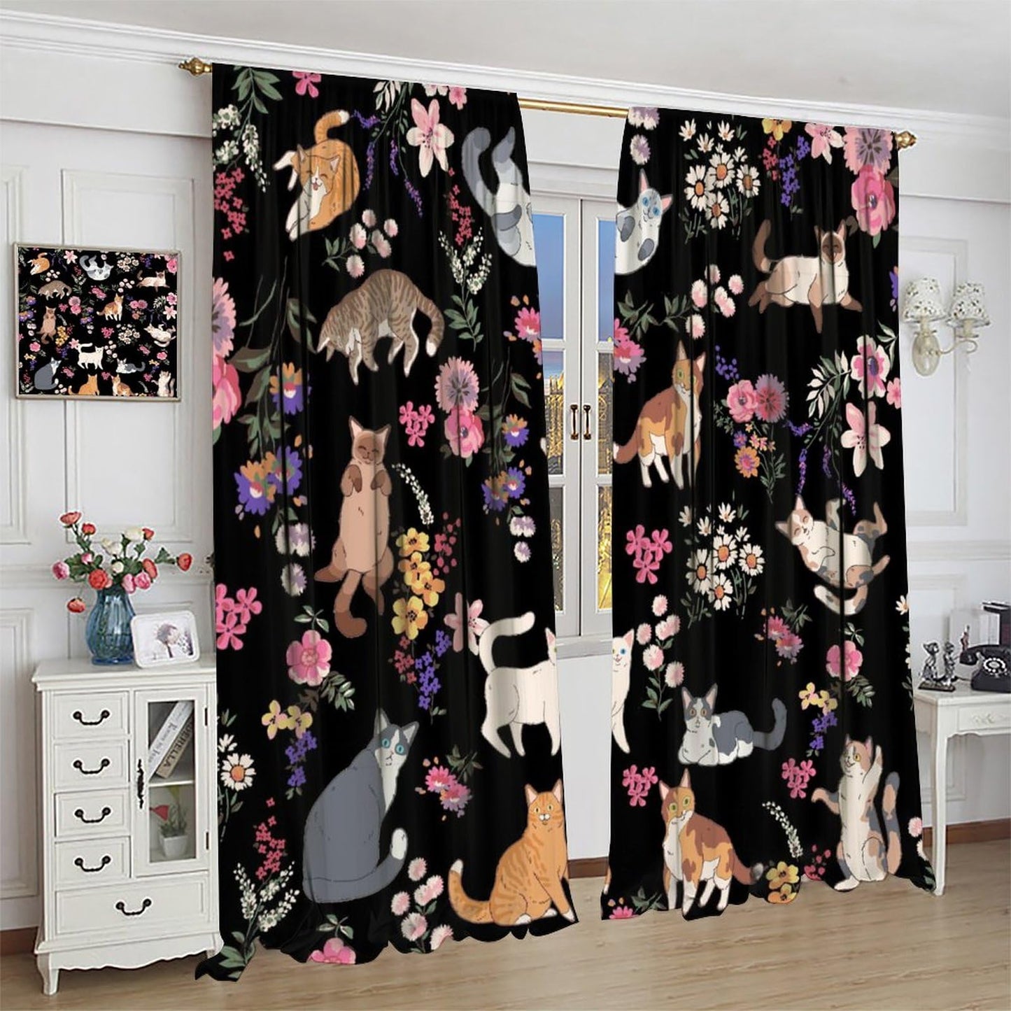 Hazuff Cartoon Cat Girls Curtains,Natural Simple Watercolor Cute Pet Cat Animal Flower Windows Treatments Rod Pocket Drapes for Kids Living Room Bedroom Bathroom 42x44.5in