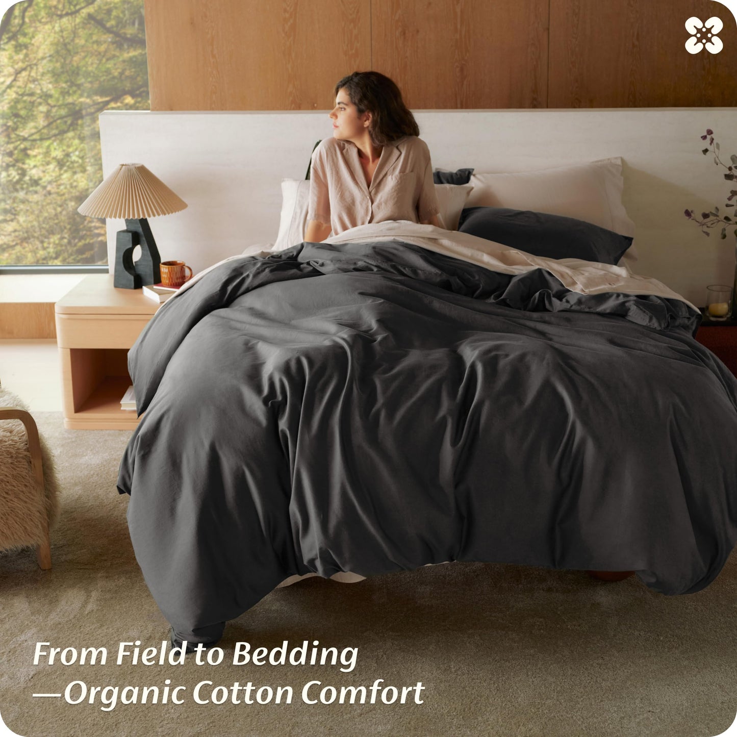 Bedsure 100% Organic Cotton Queen Duvet Cover Set, Charcoal Grey, 90" x 90"