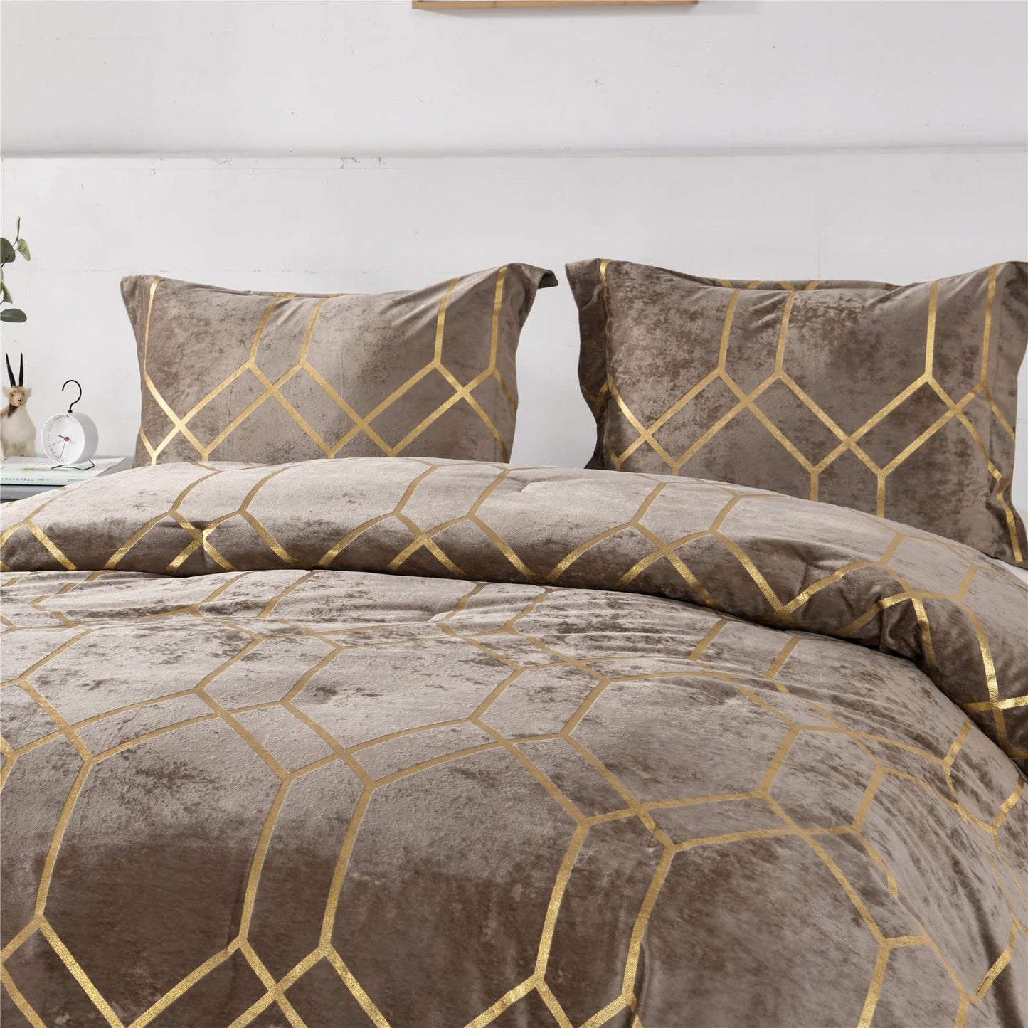 Sunshine Nicole Metallic Print Comforter Set, Distressed Velvet Face with Metallic Print and Brushed Solid Microfiber Reverse, with Light Weight Soft Poly Fill, 3 Pieces Khaki Gold, Queen