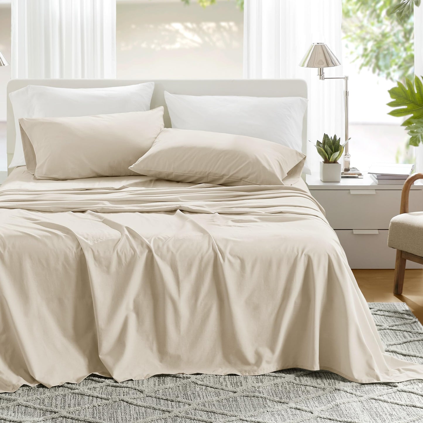 Comfort Spaces 100% Cotton Sheets King, Breathable & Ultra Soft Cotton Sheets, Naturally Cool Cotton Bed Sheets with 14" Elastic Pocket Fits up to 16" Mattress, All Seasons Sheet Set, Cream 4 Piece
