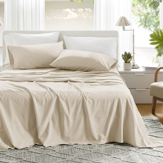 Comfort Spaces 100% Cotton Sheets King, Breathable & Ultra Soft Cotton Sheets, Naturally Cool Cotton Bed Sheets with 14" Elastic Pocket Fits up to 16" Mattress, All Seasons Sheet Set, Cream 4 Piece