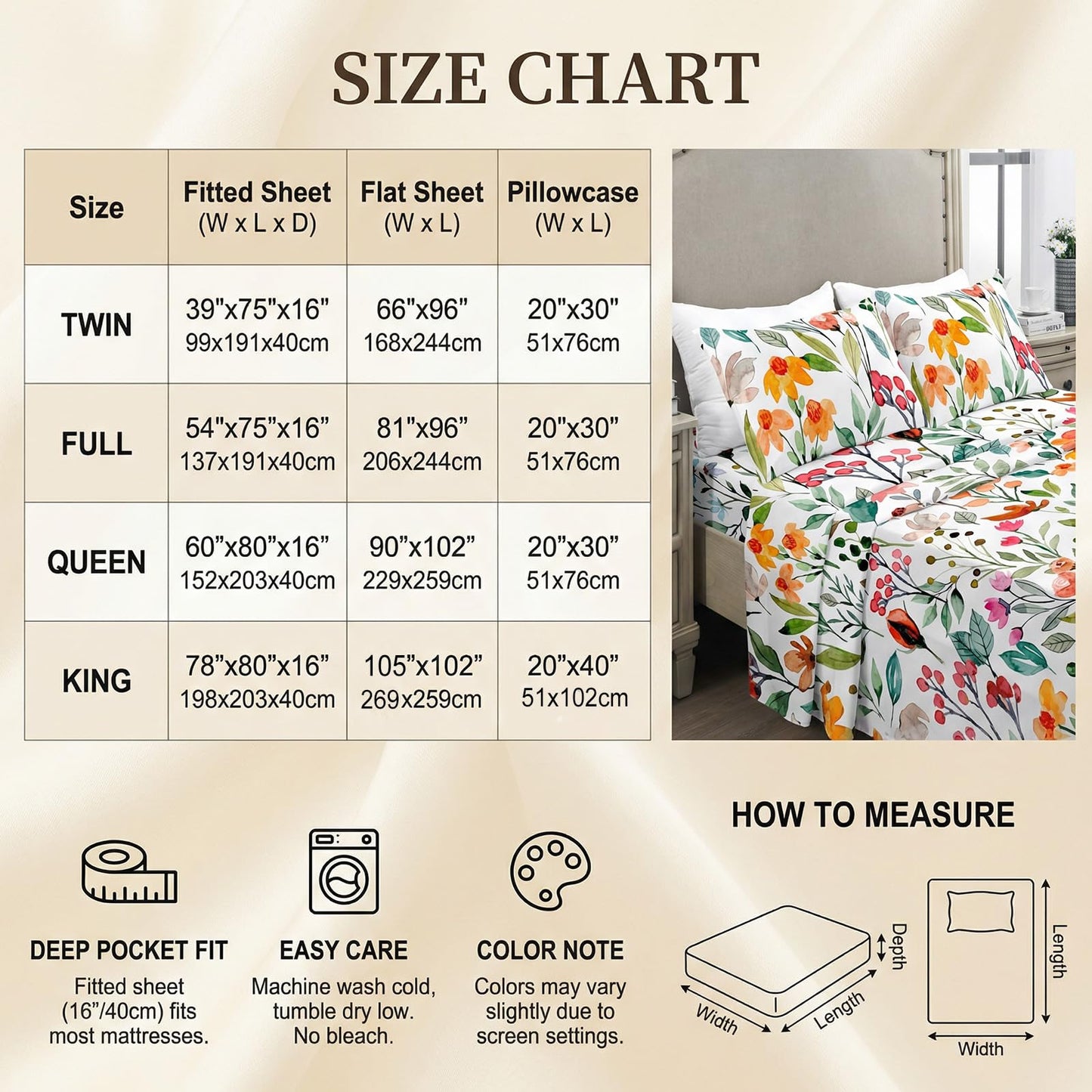 YIYEA Floral Sheets Queen Size, Premium Double Brushed Microfiber Bed Sheet Set for All Season, Soft Breathable, 16" Deep Pocket, Shrinkage and Fade Resistant, 4PC, Queen