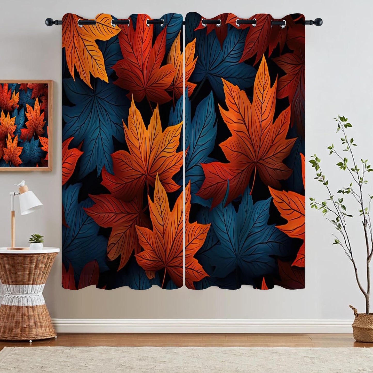 Brown Maple Leaves Blackout Curtains 2 Panels, Simple Plant Texture 3D Print Drapes with Top Grommet for Sliding Glass Door Bedroom Living Room Boy Girl Bedroom Balcony(52" W x 63 "L)
