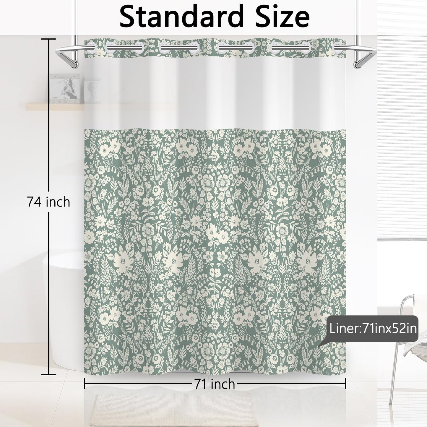 NAEMBCU Sage Green Floral Shower Curtain and Liner Set 71x74 Inch