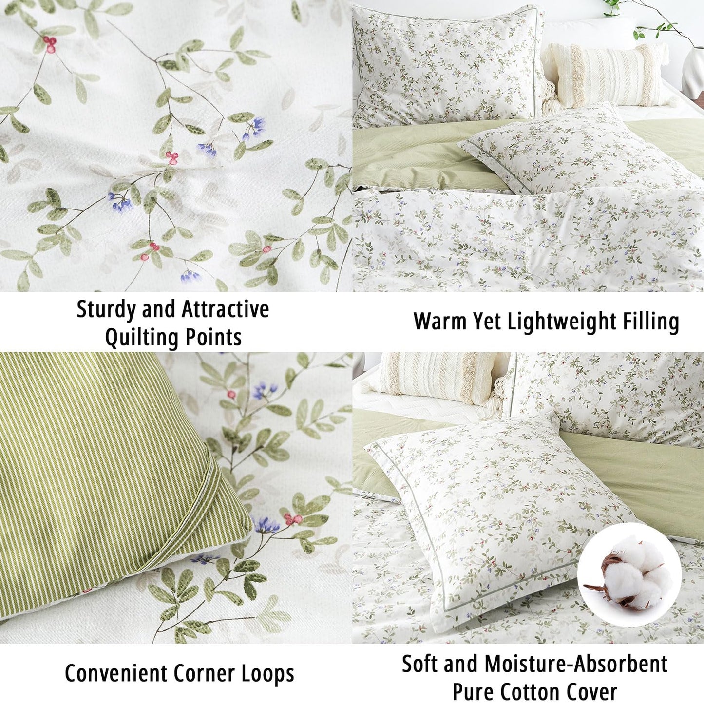 LEMIROE Botanical Cotton Comforter King Size - Tender Green Comforter Printed with Leafy Branches & Purple Stamens on Off-White,Reversible Lightweight Bedding Sets 3Pcs
