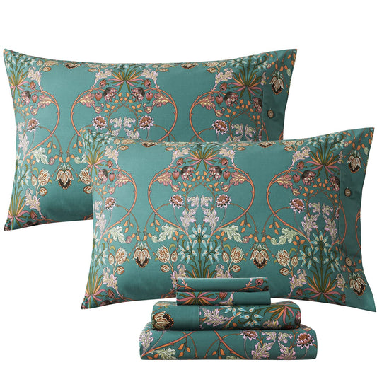 FADFAY King Size Sheets Shabby Floral Vintage Bed Sheet Set Percale Cotton Chic Teal Blue Orange American Country Style Bedding Luxury Soft Breathable Crisp Bed Deep Pocket Fitted Sheet 4 Pcs