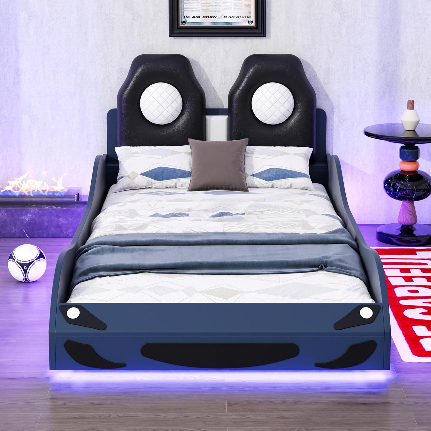 Bellemave Wood Twin Size Race Car-Shaped Platform Bed with LED and Upholstered Backrest, Platform Bed Frame with Race Car-Shaped and Safety Guardrails (Blue)