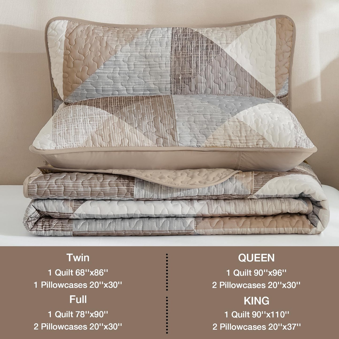 Dintszyayue Dark Brown Quilt Queen Size, 3 Pieces Tan Patchwork Bedspread Bedding, Soft Lightweight Microfiber Geometric Coverlet Set for All Spring Quilt with 2 Pillowcases90 x96
