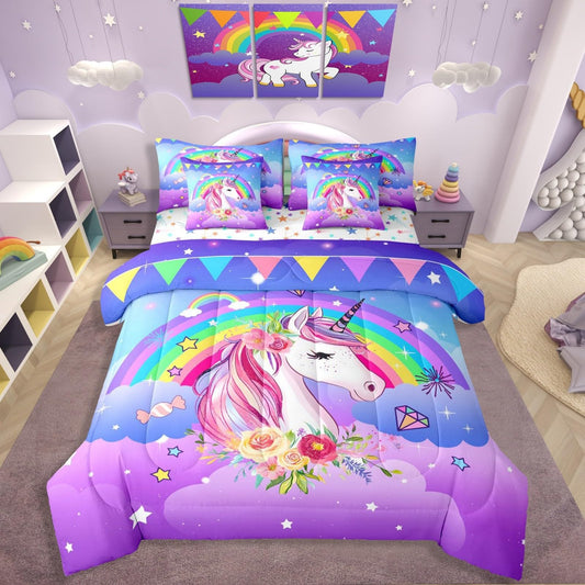 Purple Galaxy Unicorn Bed in a Bag Queen Comforter Set 7-Piece | Kawaii Bedding Sets Cute Dreamy Horse Comforter and Sheet Set,Starry Sky Cartoon Animal Rainbow Unicorn Room Decor for Girls Bedroom