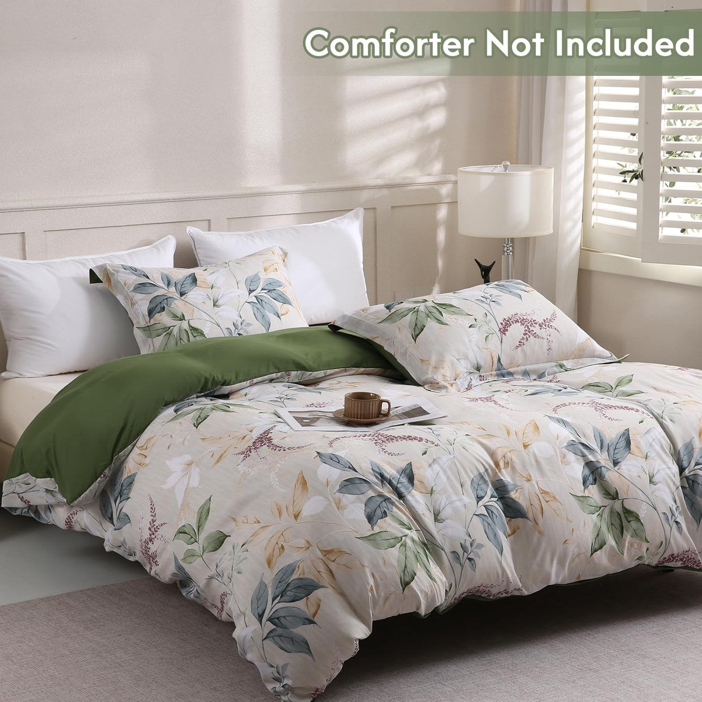 LONAVA Queen Botaincal 3 Pcs Duvet Cover Set, Breathable Soft Microfiber Forest Green Lining Comforter Cover with Zipper Closure, and 2 Anti-Pilling, Fade Resistant Pillowcases, Lavender