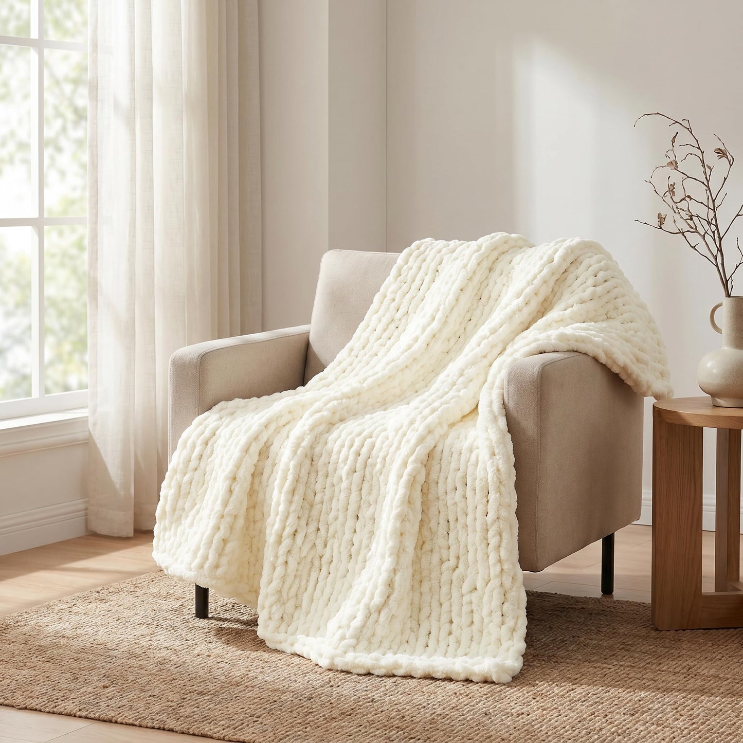 Luxury Chunky Knit Throw Blanket, Boho Chenille Cable Knit Blankets 50x60