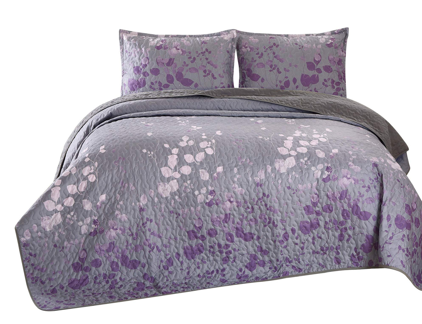 Masterplay 3-Piece Fine Printed Oversize (118 inchx95 inch ) Quilt Set,Bedspread Coverlet King Size Bed Cover (Dark Grey,Purple Gradient,Vine)