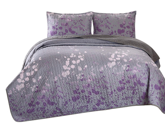 Masterplay 3-Piece Fine Printed Oversize (118 inchx95 inch ) Quilt Set,Bedspread Coverlet King Size Bed Cover (Dark Grey,Purple Gradient,Vine)