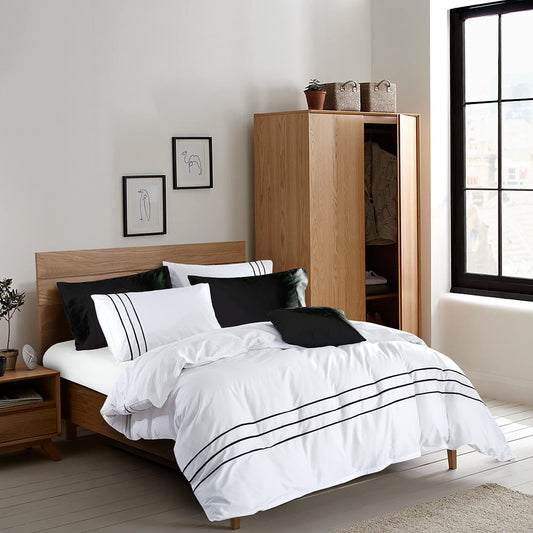 MengBoo Karen Duvet Cover Set 3 pcs(1 Duvet Cover+2 Pillowcases) 100% Cotton Sateen Woven White Background with Black Stripe Zipper Closure(White Black,Queen)