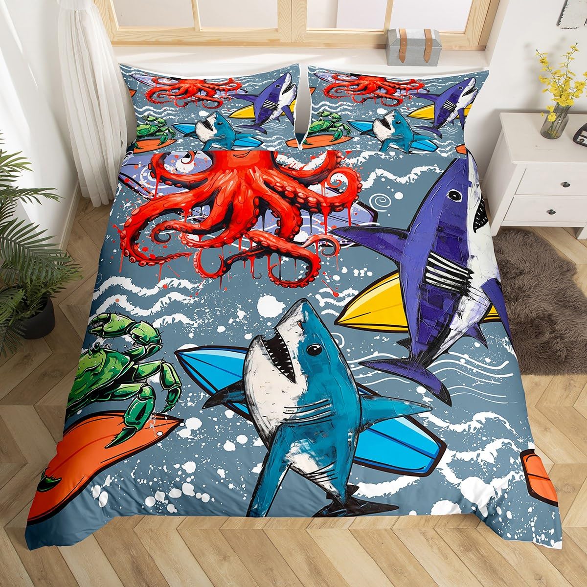 Feelyou Kids Cute Shark Bedding Set Cartoon Octopus Comforter Cover for Boys Children Ocean Surfing Animal Duvet Cover Sea Marine Creature Bedspread Cover Room Decor 3Pcs With 2 Pillow Case Queen Size
