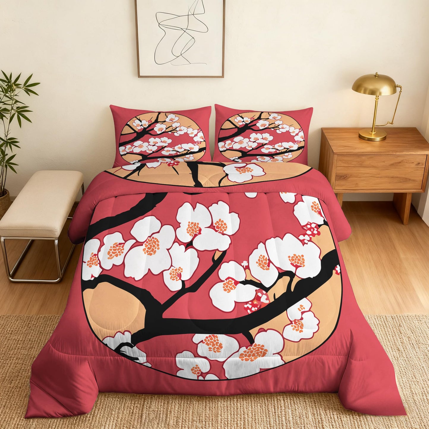 ZDABAOEC Japanese Cherry Blossom Twin Comforter Set 2 Piece, 1 Pillow Sham, Oriental Asian Japan Style Reversible Down Alternative All Season Bedding, Soft Microfiber, Japanese Bedroom Decor