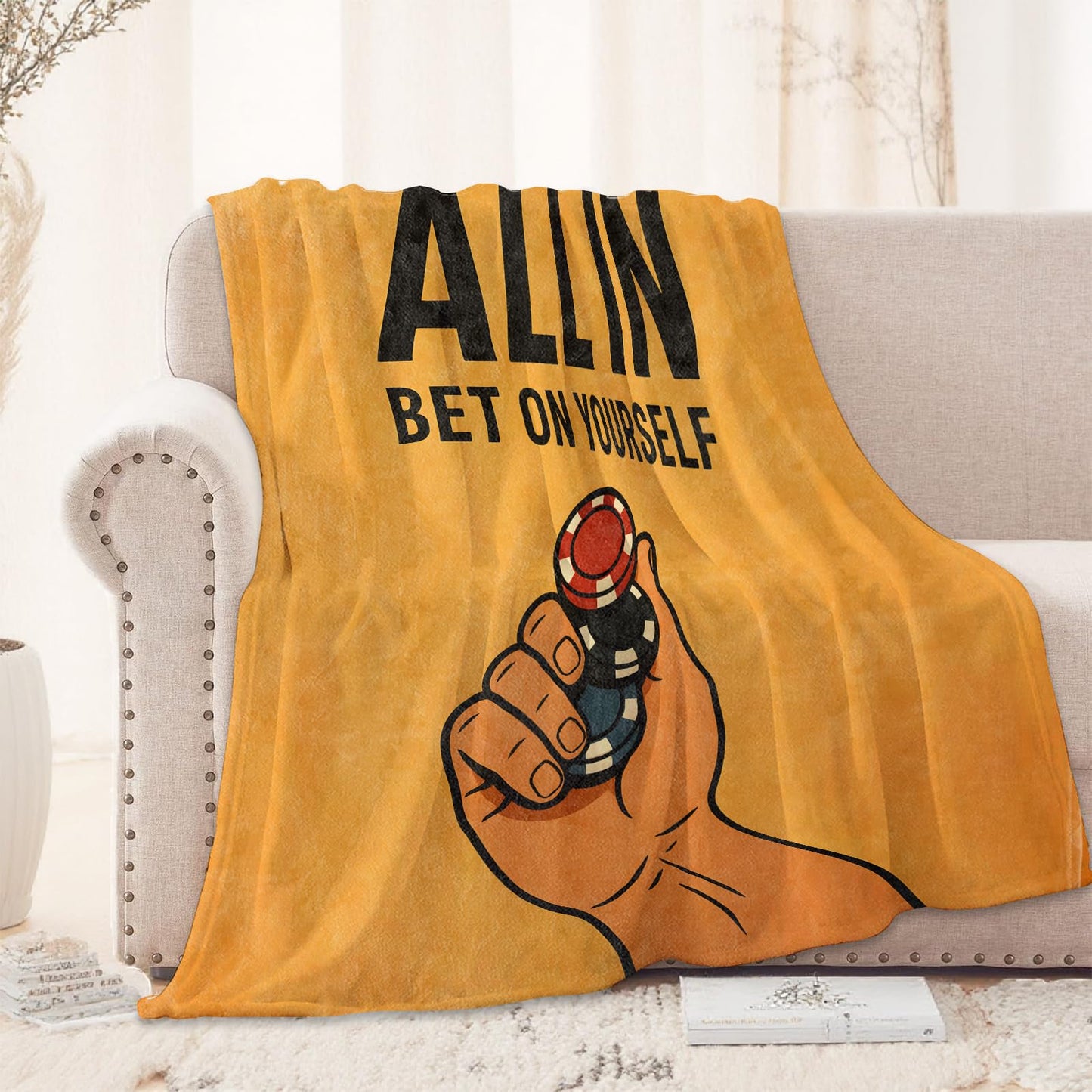 All in Bet on Yourself Poker Blanket 50x60 in, Flannel Throw Blankets for Travel Camping Sofa Living Room Decor, Lightweight Cozy Soft Fuzzy Gifts for Women Adults Kids