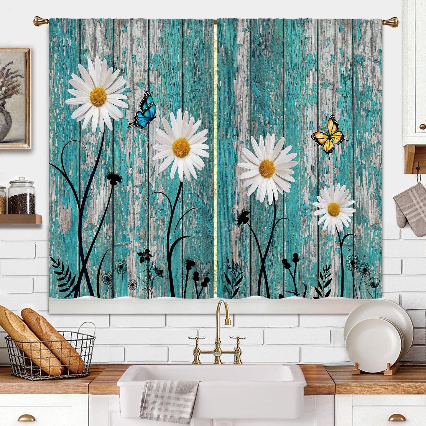 Cizuug Farmhouse Teal Daisy Kitchen Curtains Rustic Wooden Country Small Short Cafe Window Curtains Vintage Flower Floral Rod Pocket Bathroom Drapes Treatment Tier Curtains 2 Panels(27.5x39 Inch)