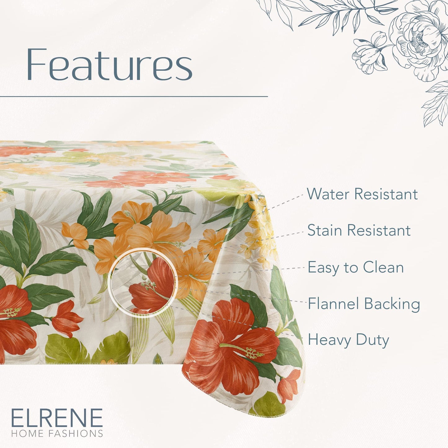 Elrene Home Fashions Callisto Tropical Floral Water- and Stain-Resistant Vinyl Tablecloth with Flannel Backing, 52 Inches X 70 Inches, Rectangle, Yellow