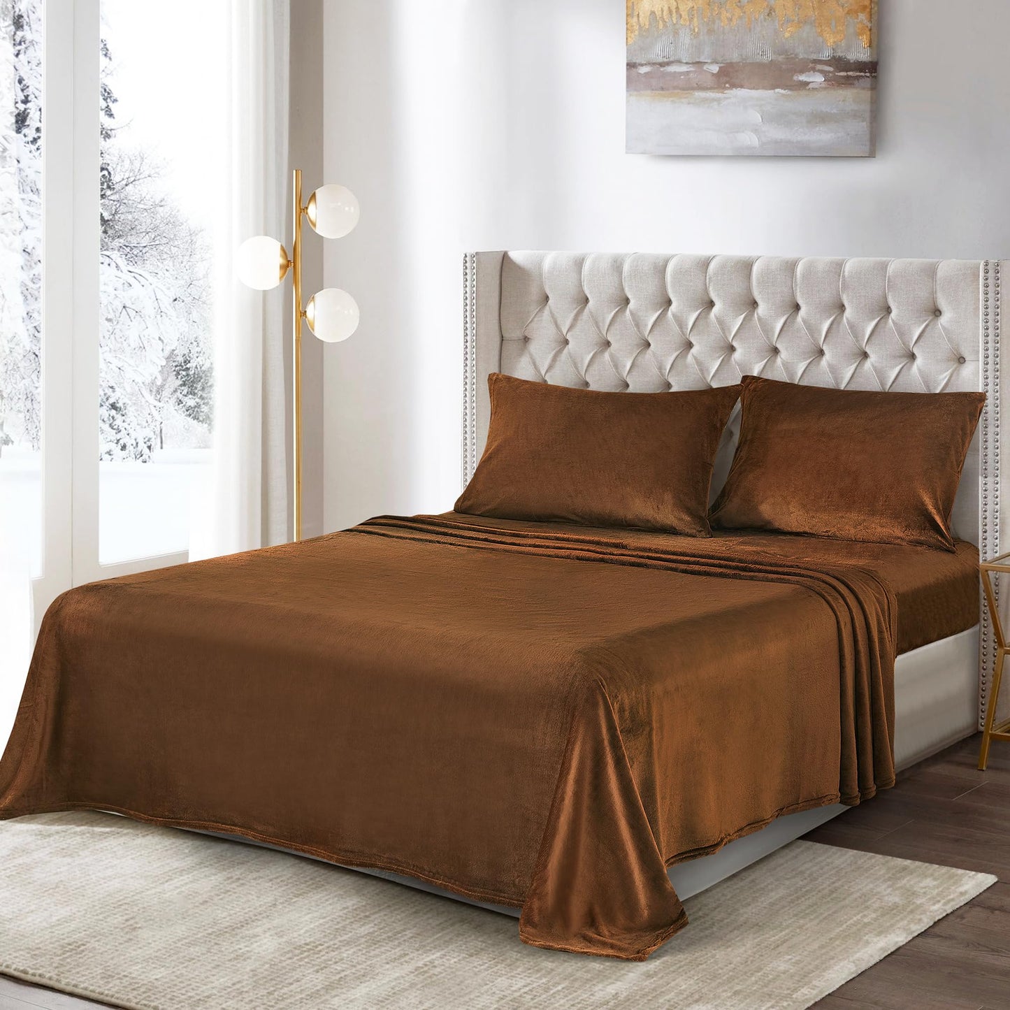 Viviland Full Plush Bed Sheets, Microfleece Fitted Sheets with 15" Deep Pocket, Flannel-Like Fuzzy Velour Velvet Winter Sheets & Pillowcase Set - Maillard Brown