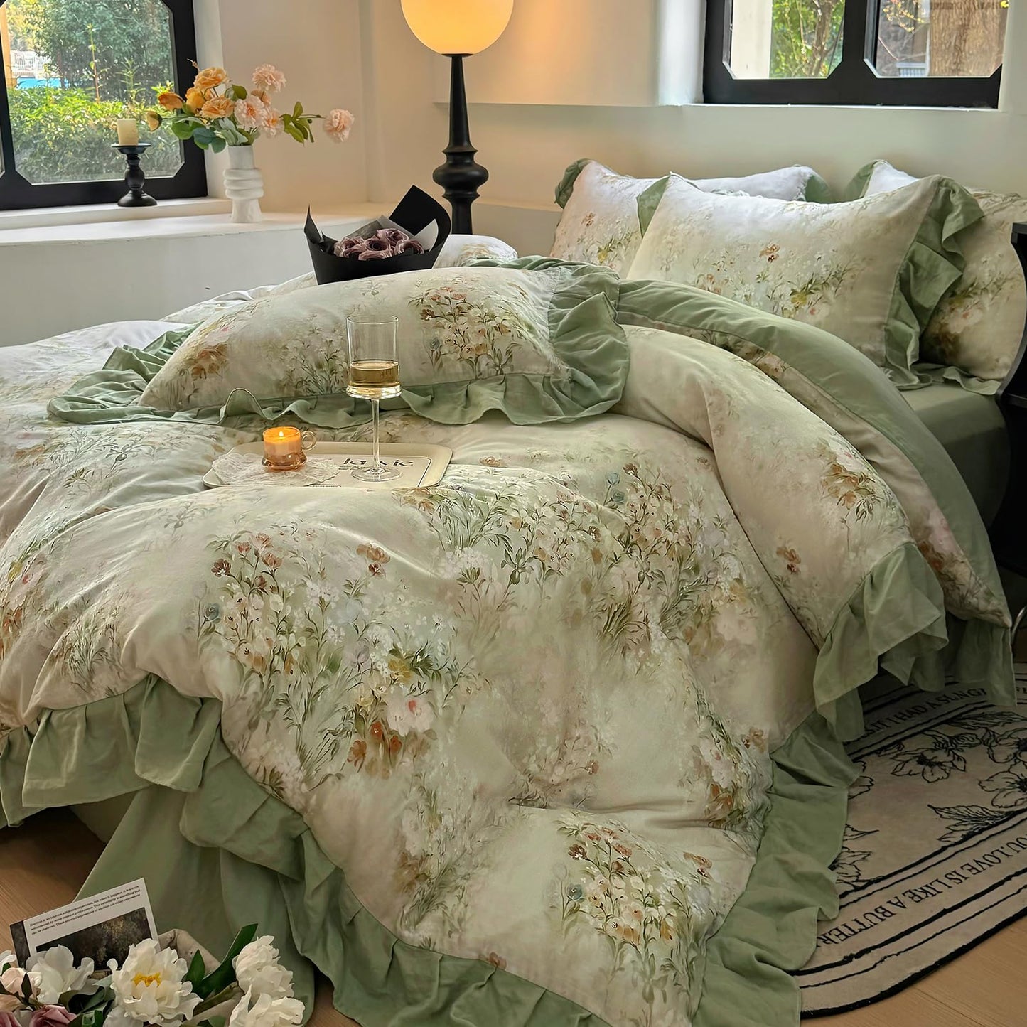 VM VOUGEMARKET Flower Duvet Cover Set, Sage Green Ruffled, Queen 90x90