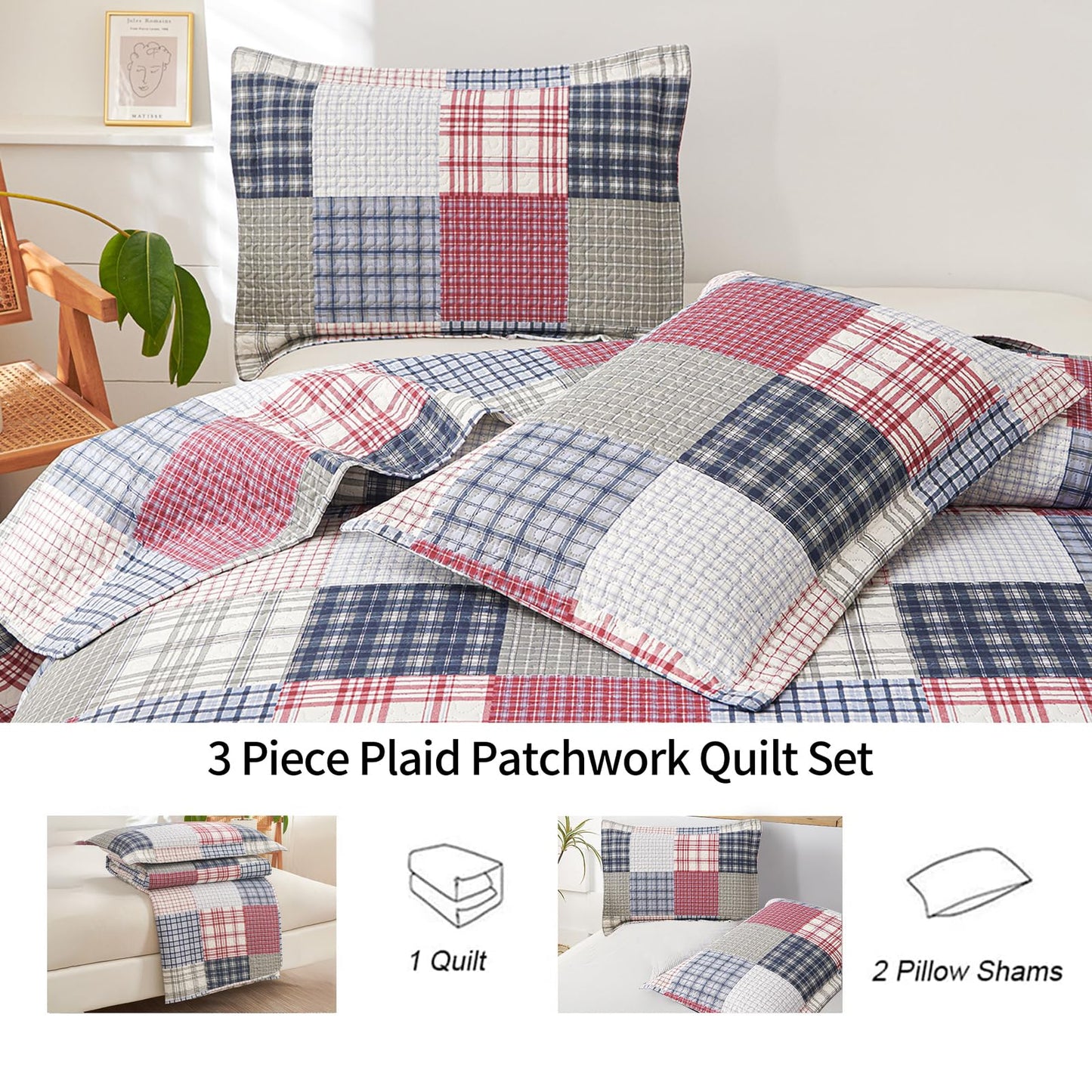 Plaid Quilt Set - Queen Size Patchwork Bedspread and Coverlet - Reversible, Soft Microfiber - All Season Boys Mens Bedspread in Red, Blue, White