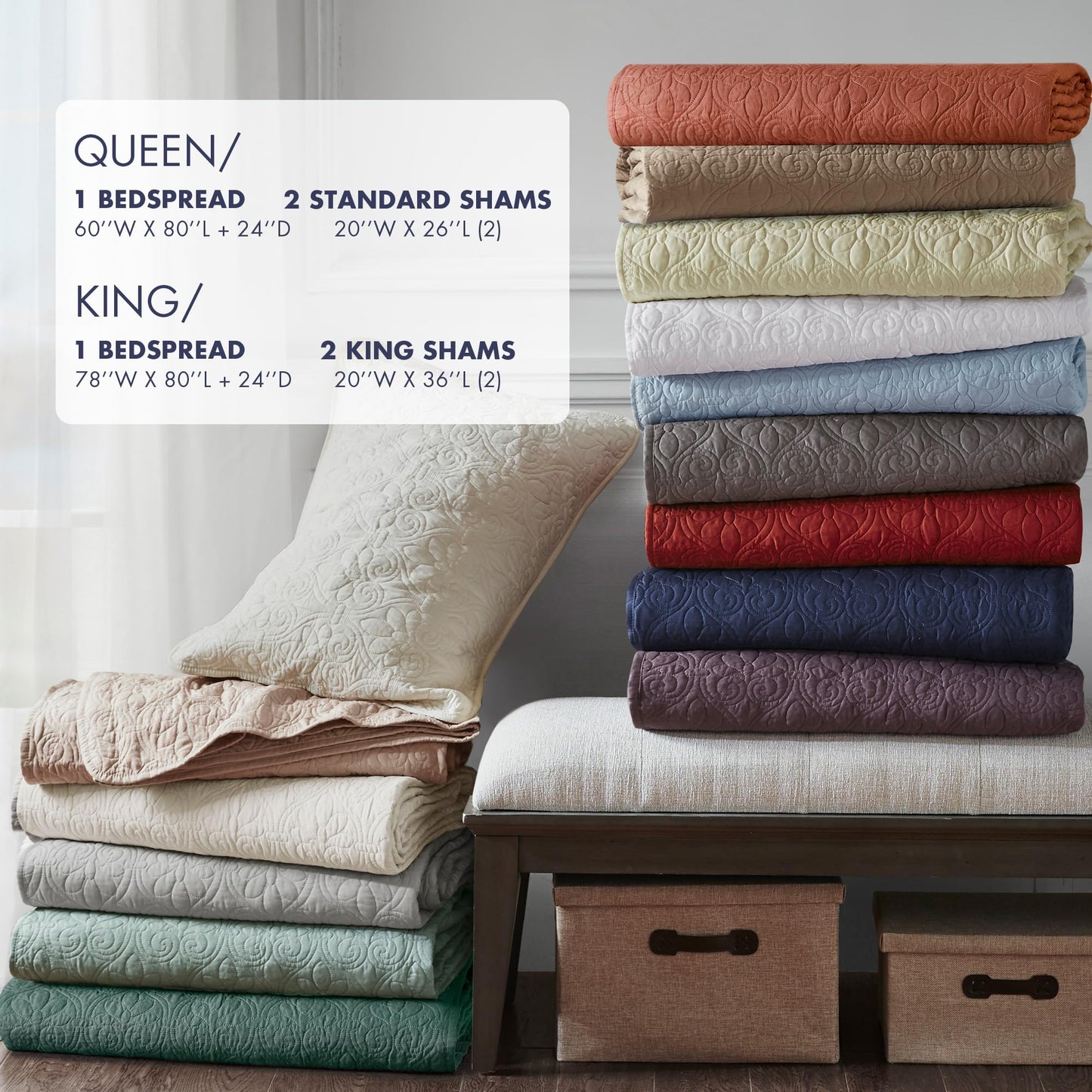 Madison Park Quebec Split Corner Quilted Bedspread Classic Traditional Design All Season, Lightweight, Bedding Set, Matching Shams, Queen, Damask Quilted Navy 3 Piece