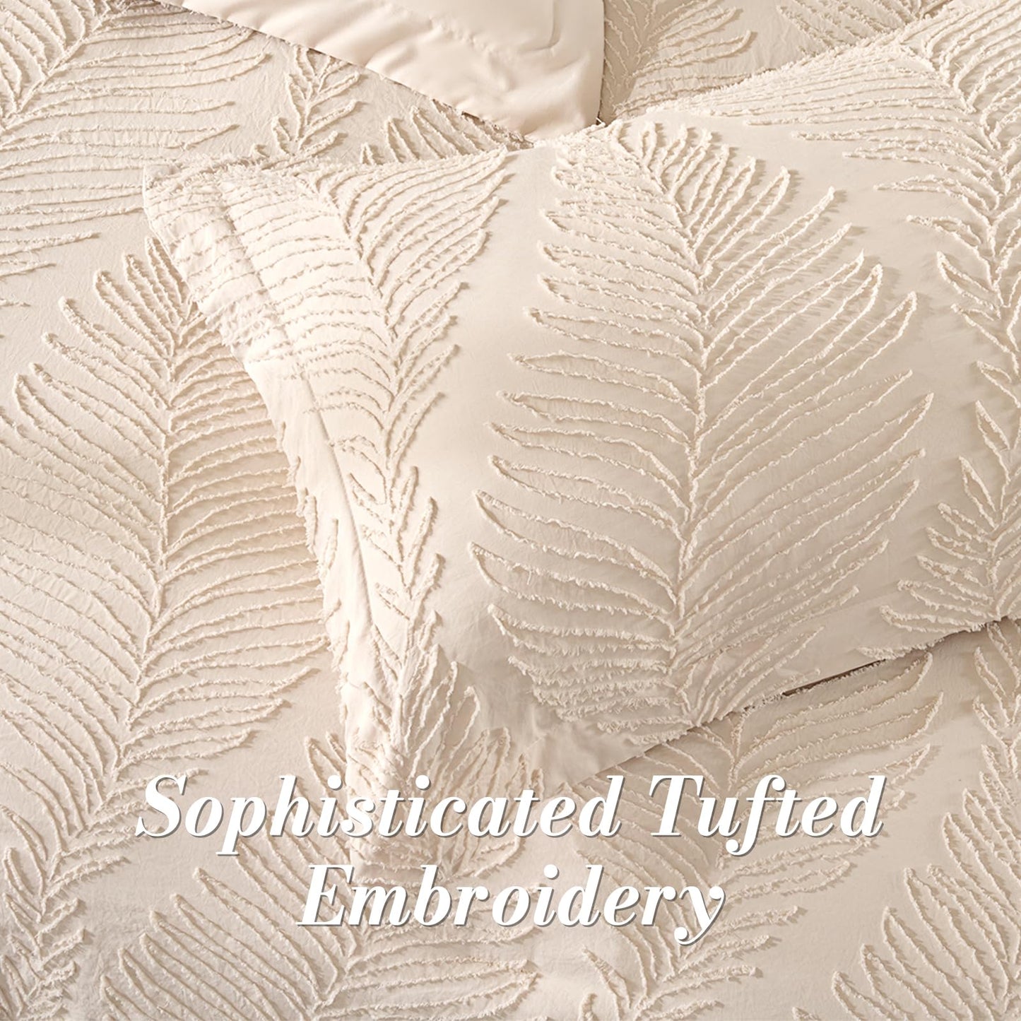 Jameswish 7 Pieces Tufted Boho Comforter Set Leaves Floral Khaki Farmhouse Shabby Chic Embroidered Bedding for All Seasons Queen Size with Comforter Sheets Pillowcases Shams