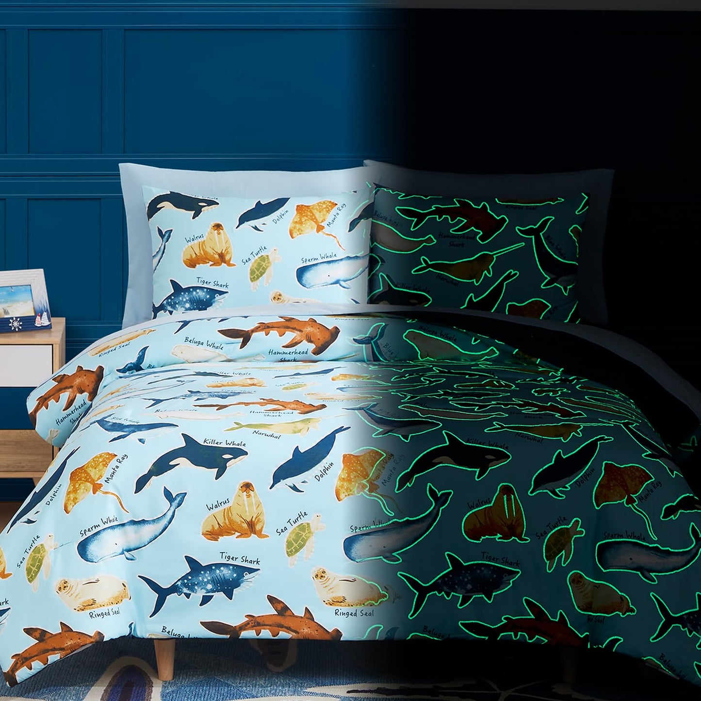 Wink Deer Full Size Comforter Set for Boys-7 Pieces Ocean Animals Glow in the Dark Full Bedding Sets for Kids, Ultra Soft Bed in A Bag with Sheets