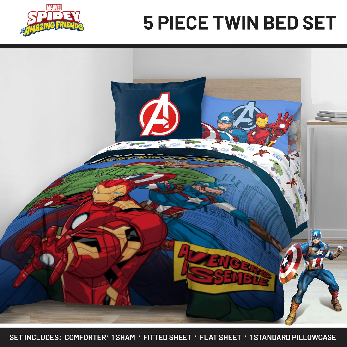 Jay Franco Kids Bed Set, Blue, Avengers, 5 Piece Twin