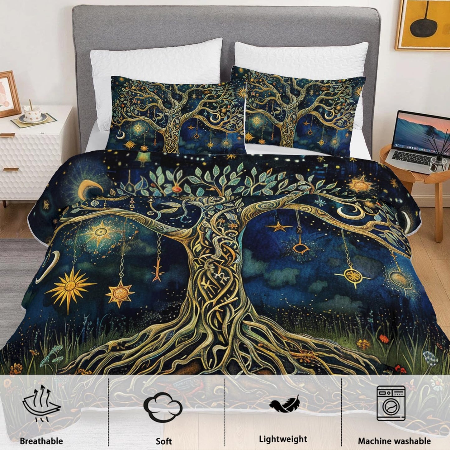 XYNHML Dreamy Tree of Life Quilts Bedding Full 3Pcs Mysterious Sun Moon Starry Celestial Quilt Bed Set Lightweight Soft Bedspreads Coverlet with 2 Pillowcases for Kid Boy Girl Teen Adult Bed Decor