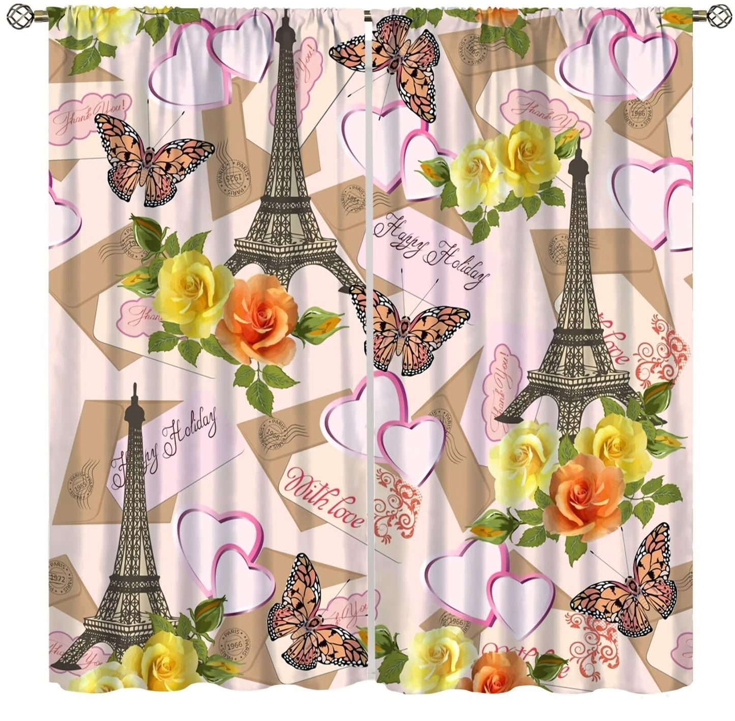 Focusbrite Paris Eiffel Tower Curtains Retro Flowers Butterfly Vintage Tower Pattern Blackout Print Rod Pocket Window Drapes for Bedroom Living Room Set 2 Panels,42x45 Inches