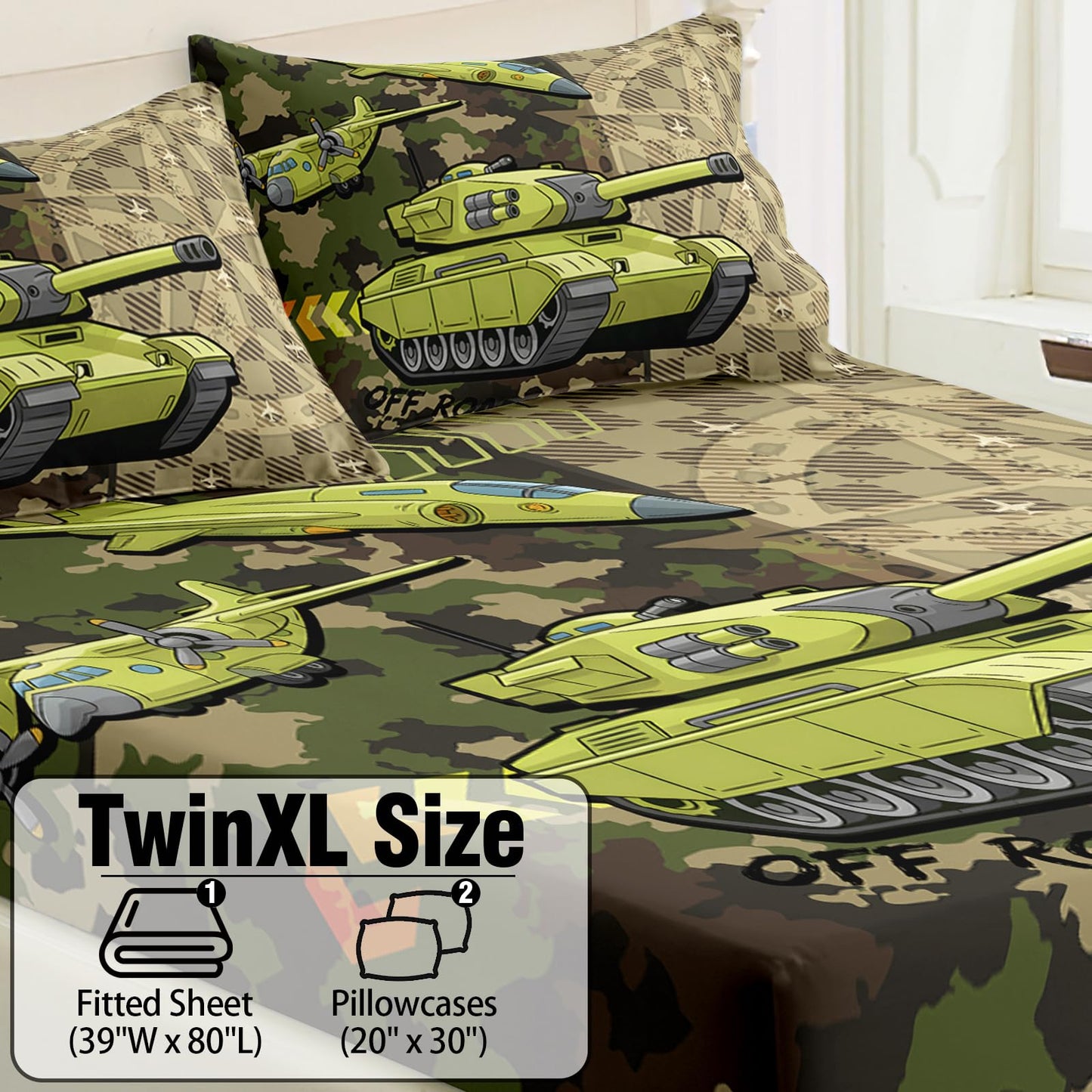 AILONEN Military Tank Camo Fitted Sheet Twin XL Size - 3 Piece Camouflage Army Green Bedding Deep Pocket & 2 Pillowcases - Boys Kids Sheets Room Decor