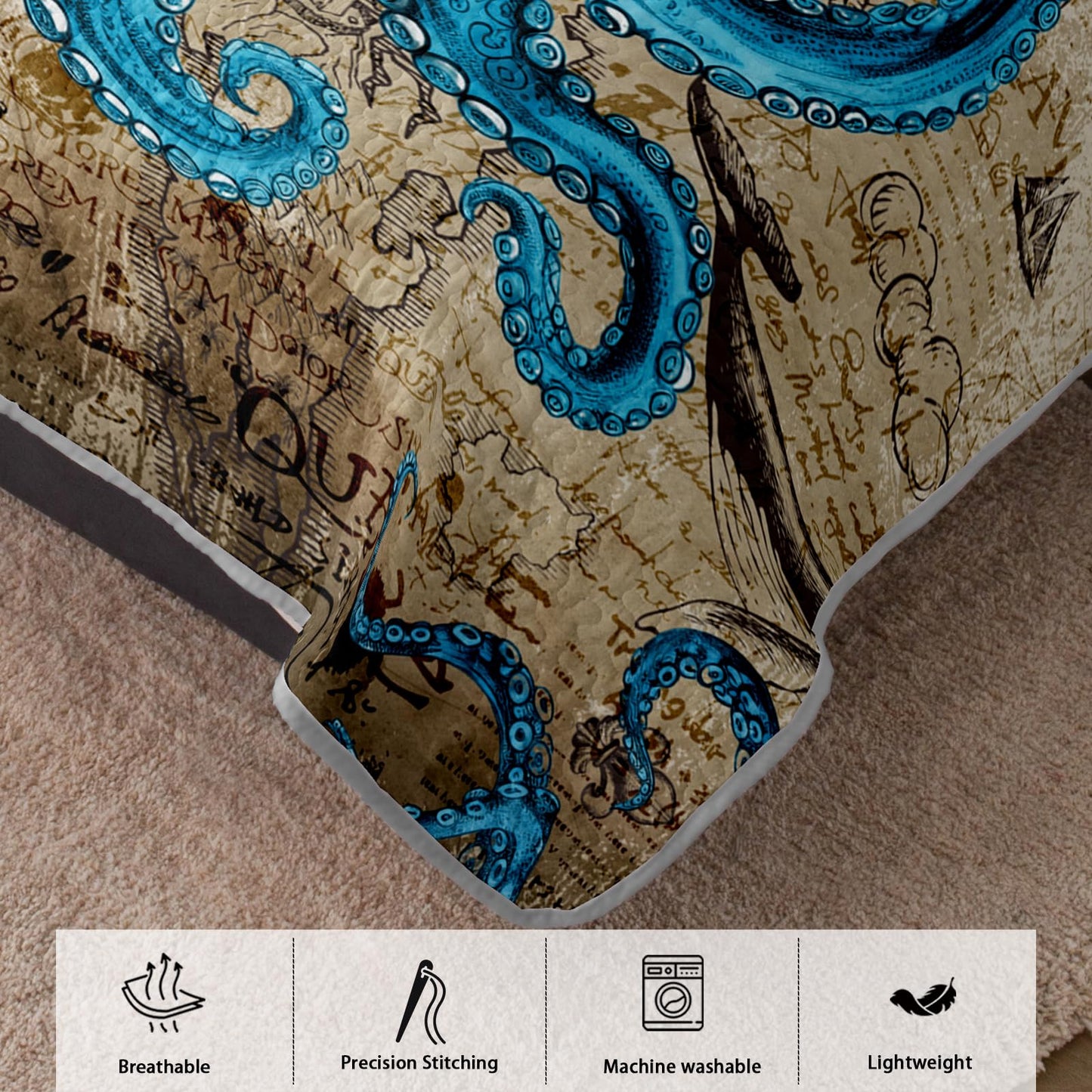 AILONEN Ocean King Bedspread Coverlet,Blue Octopus Nautical Vintage Map Theme Bedding Quilt,2 Pillowcases,Lightweight Microfiber