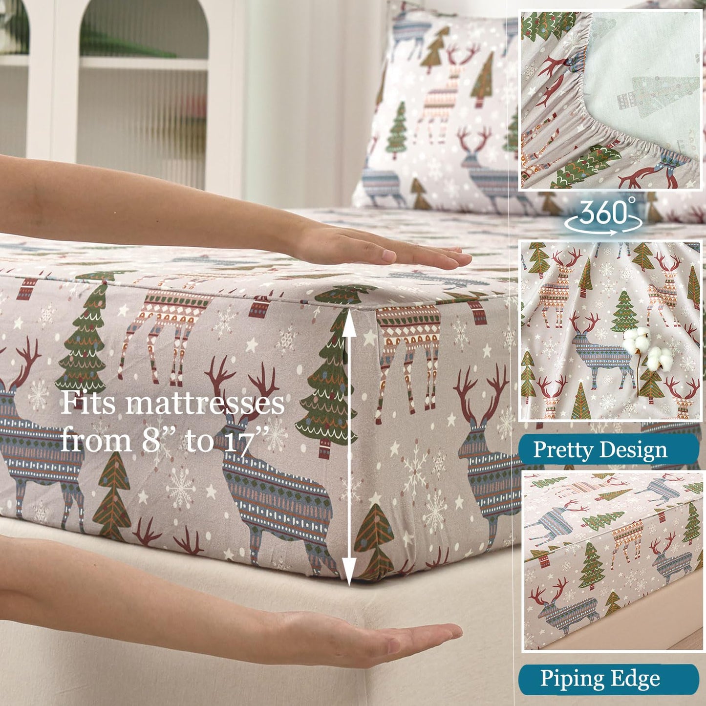 Zusbest Grey Sheets Queen 100% Brushed Cotton Flannel-Like Green Tree Deer Printed Bed Sheets Set with Deep Pocket 17.5‘’ Heavyweight 4PC, Button Pillowcases Extra Soft Breathable