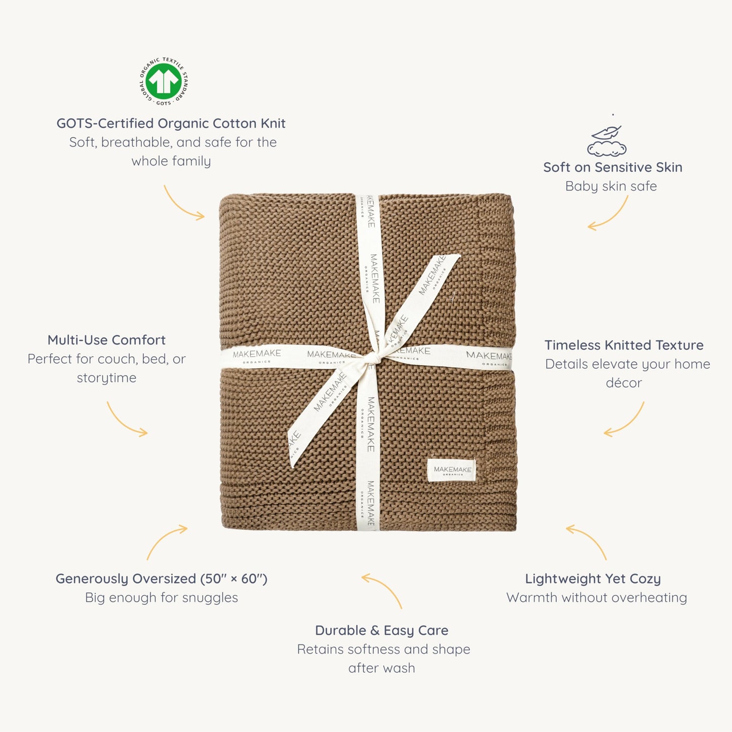 MakeMake Organics Organic Cotton Throw Blanket GOTS Certified Organic Knit Blanket Couch Bed Neutral Fall Colors Soft Cotton Throw Blanket Large (50x60, Brown)
