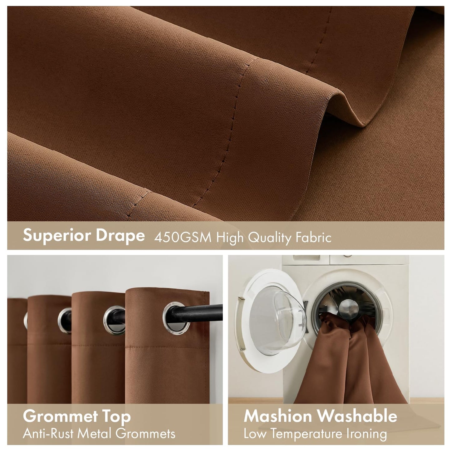 MIULEE 100% Blackout Curtains for Bedroom 63 Inch Long, 2 Thick Layers Thermal Insulated Black Out Window Curtains with Black Liner, Noise Reducing Grommet Living Room Drapes 2 Panels Mocha Brown