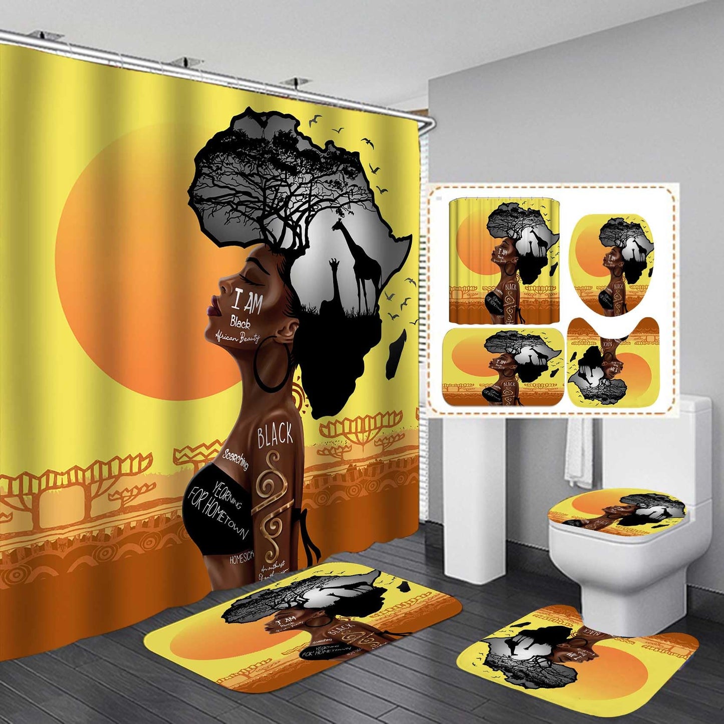 Jayden Madge 4PCS African American Woman Shower Curtain Set, Inspirational Quotes Sunset Safari Animals Tribal Afro Girl Proud Melanin Queen Black Women Bathroom Decor, Non-Slip Bath Mat Toilet Rug