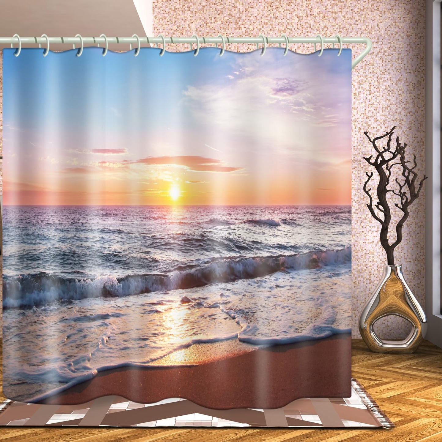 LYFANS Bathroom 3D Beach Sunset Decorative Shower Curtain, 72x72 Inch Waterproof Fabric Shower Curtains with 12 Hooks