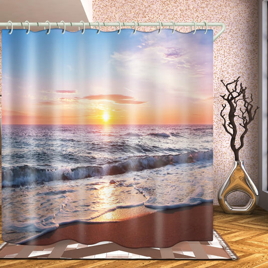 LYFANS Bathroom 3D Beach Sunset Decorative Shower Curtain, 72x72 Inch Waterproof Fabric Shower Curtains with 12 Hooks