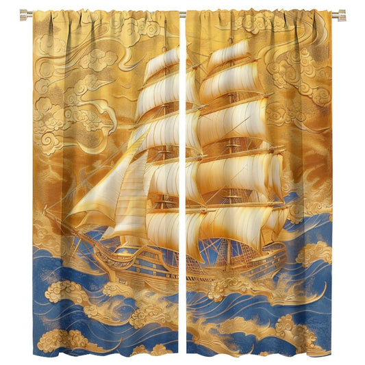 TOWINSFB Classic Chinese Style Sailboat Blackout Curtains for Living Room Bedroom, Luxury Golden Ship Ocean Window Curtains Rod Pocket Thermal Insulated Window Drapes, 2 Panels, Each 21W x 45L