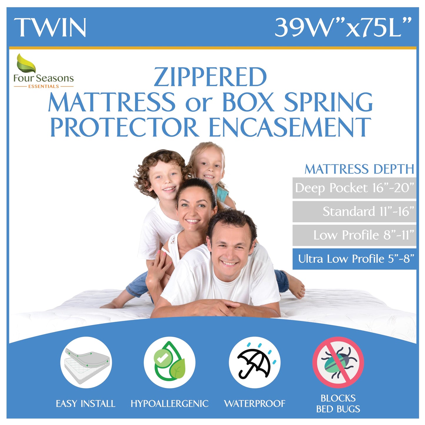 Twin Size Mattress or Box Spring Encasement (5" to 8" Depth) - Waterproof Zippered Protector Hypoallergenic Premium Bed Cover Protects from Dust Allergens