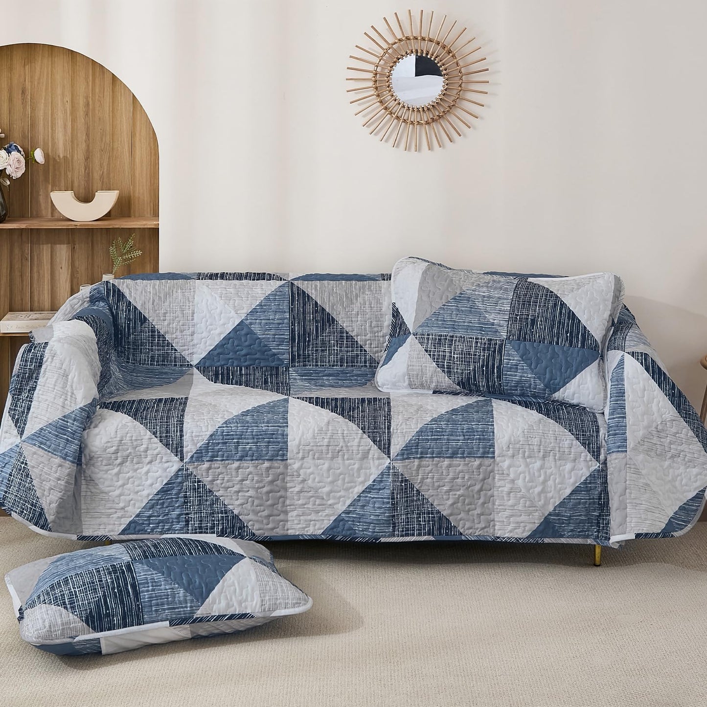 Dintszyayue Quilt Queen Size Blue, 3 Pieces Patchwork Bedspread Bedding for Queen Size Bed, Soft Lightweight Microfiber Geometric Coverlet Set for All Season Quilt with 2 Pillowcases