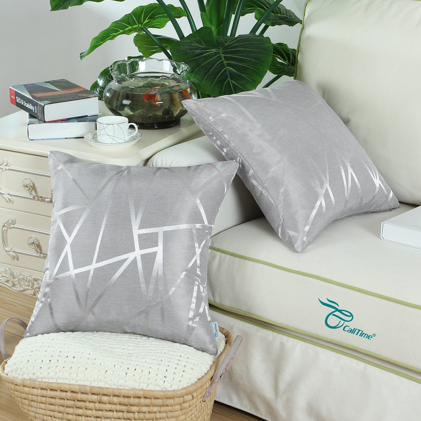 CaliTime Pack of 2 Throw Pillow Covers Cases for Couch Sofa Home Decor Modern Shining & Dull Contrast Triangles Abstract Lines Geometric 18 X 18 Inches Silver Gray
