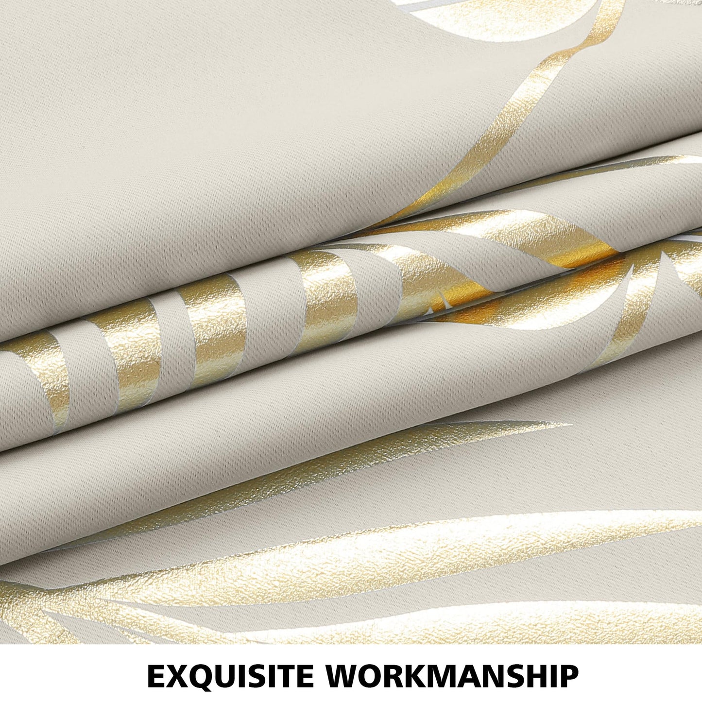 BUHUA Blackout Curtains 72 Inches Length Gold Palm Pattern Designed Window Drapes Room Darkening Noise Reducing Thermal Insulated Curtains, 52W x 72L, Natural, Set of 2 Panels