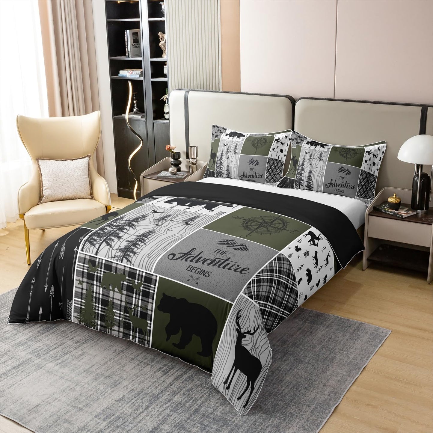 Erosebridal Retro Farmhouse Cabin 100% Cotton Duvet Cover Queen Size Rustic Bear Deer Bedding Set for Boys Teens Adult Bedroom Camping Lodge Decor Comforter Cover Plaid Hunting Animal Bedclothes