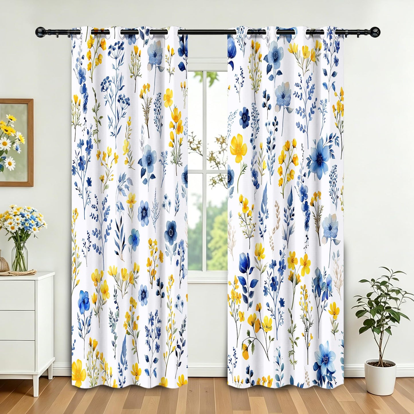 WTQPLNMCB Floral Curtains 84 inch Curtains 2 Panel Set for Living Room Yellow and Blue Darkening Light Blocking Drapes Grommet for Bedroom Bathroom