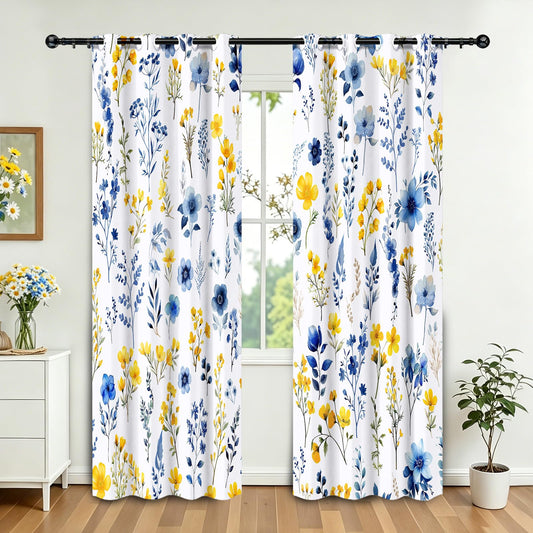 WTQPLNMCB Floral Curtains 84 inch Curtains 2 Panel Set for Living Room Yellow and Blue Darkening Light Blocking Drapes Grommet for Bedroom Bathroom