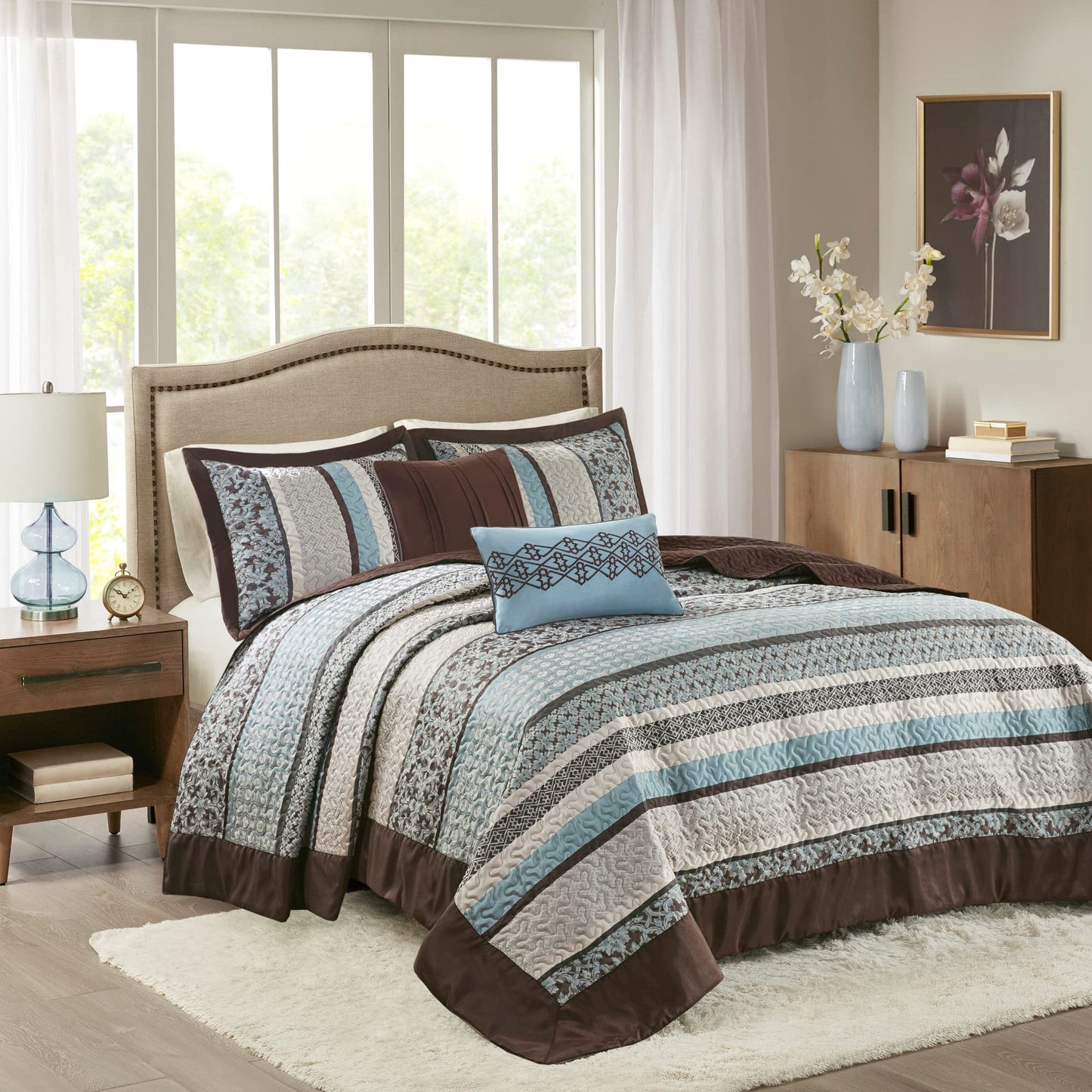 Madison Park Princeton Reversible Quilted Bedspread Set, Solid Reverse Summer Breathable, Lightweight All Season Bedding Layer, Matching Shams, Bedspread King(120"x118"), Blue 5 Piece